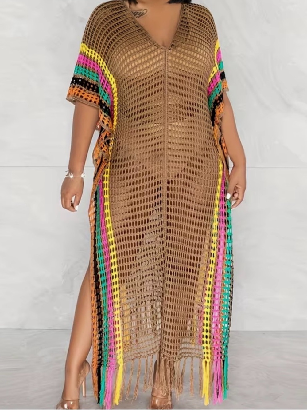 Women’s Crochet Cover-Up Caftan in Brown with Multicolor Trim